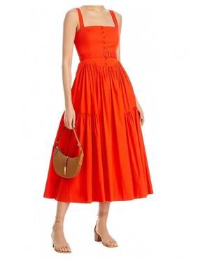 $445 NWT Cinq à Sept Amber Tiered Midi Dress Size 10 Medium Tangelo Orange Red